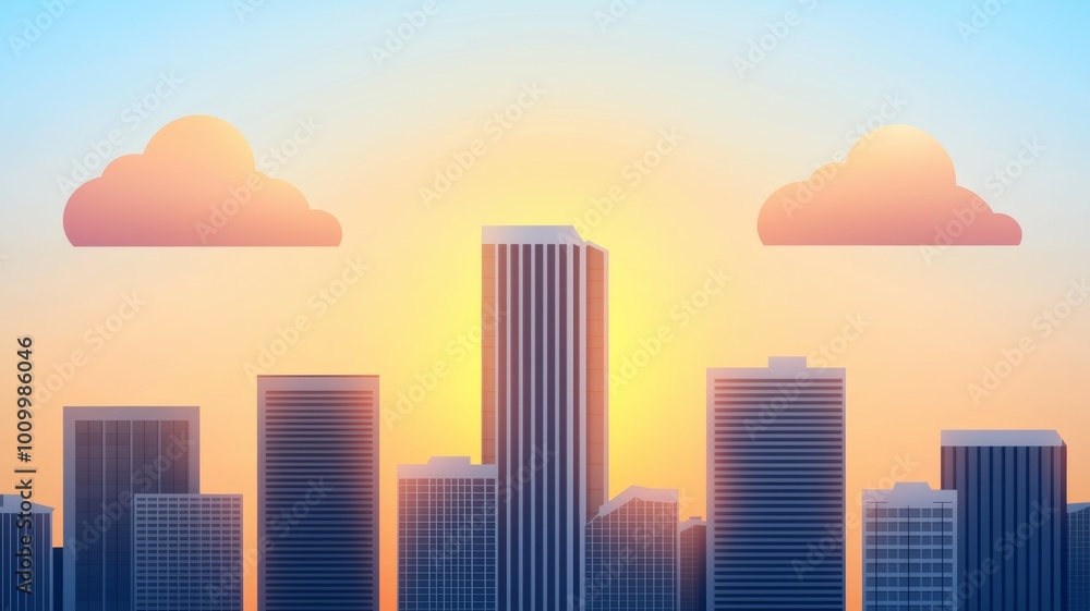 Poster a city skyline with a large building in the middle and two clouds in the sky