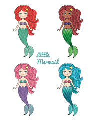 Cute little mermaid with long hair cartoon style vector illustration. Different colors set collection. White background
