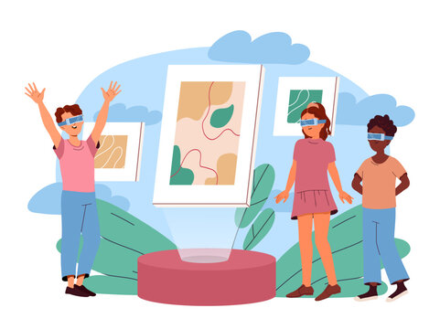 Child in vr gallery. Boys and girls wearing virtual reality glasses look at paintings. Creativity and art. Cultural recreation and leisure. Flat vector illustration isolated on white background
