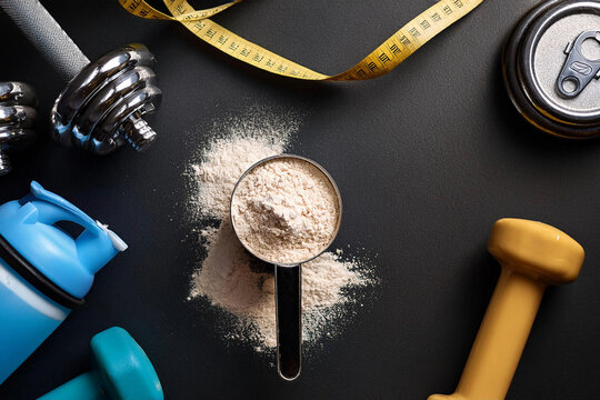 proteina whey con scoop sobre un fondo negro con pesas de entrenamiento, concepto de salud fitness fuerza y suplementos proteicos