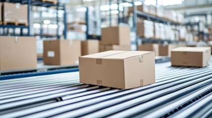 A conveyor belt efficiently moves freshly packaged boxes through a spacious warehouse, highlighting the streamlined logistics process in action