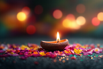 A lit diya surrounded by scattered colorful flower petals,glowing in a calm atmosphere with blurred bokeh lights in the background. Peaceful and spiritual vibes of traditional Indian festivals,Diwali
