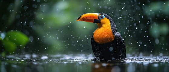 Fototapeta premium Toucan perched in the rain among lush greenery