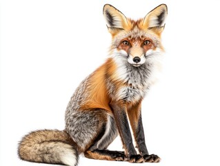 Fototapeta premium elegant red fox sits in a poised manner, its bushy tail wrapped around its legs. This moment captures the beauty of nature, showcasing the fox’s vibrant fur and alert expression.