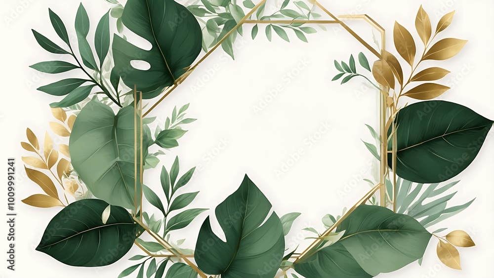 Poster digital illustration featuring a rectangular frame with a botanical theme composed of overlapping go