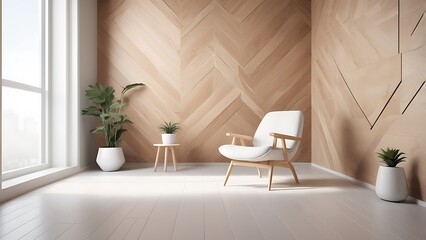 Fototapeta premium modern, minimalist interior design featuring a spacious room with a light wood herringbone pattern wall