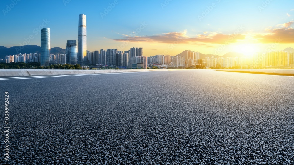 Poster A city skyline with a large building in the background