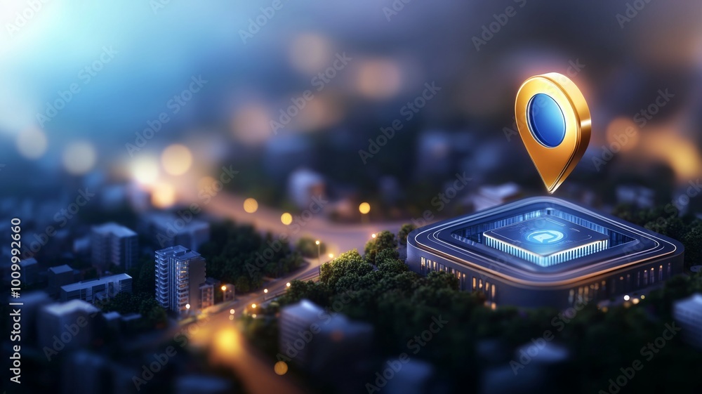 Poster a computer chip is shown in a city setting with a blue dot on it