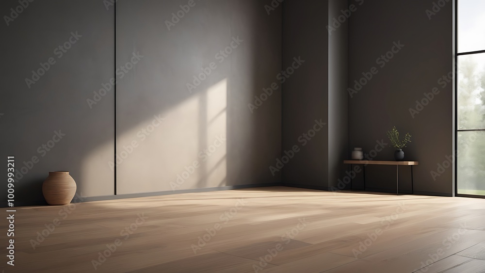 Poster minimalist interior space with a focus on clean lines and simplicity features a light wooden floor w