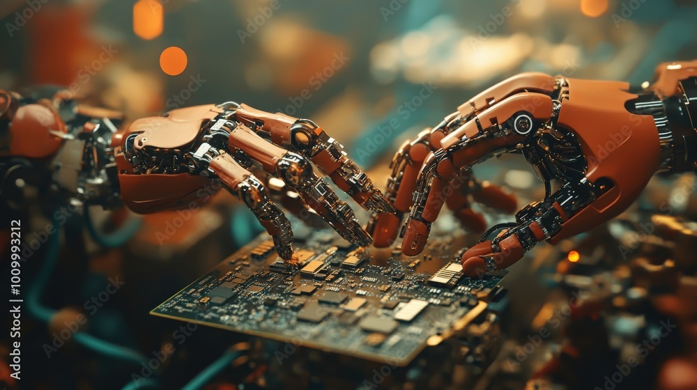 Poster two robotic hands carefully work to assemble various electronic components on a circuit board in a s