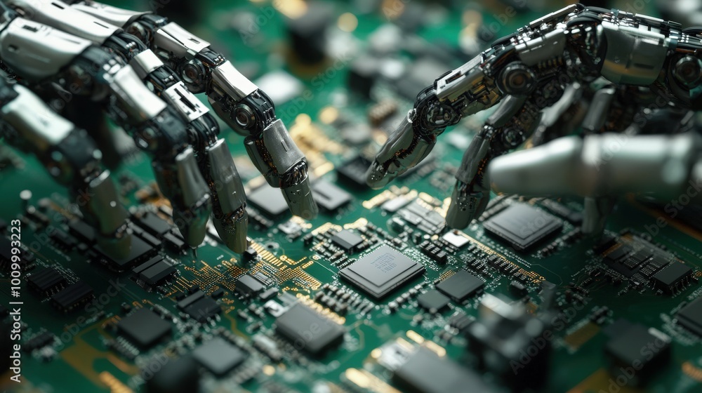 Poster in a high-tech setting, robotic hands are precisely assembling various electronic components on a ci