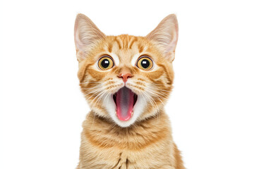 Fototapeta premium Close-up portrait of a funny ginger cat meowing with an open mouth, isolated on a white background