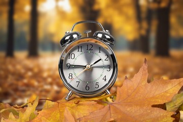 alarm clock on dry autumn leaves natural background