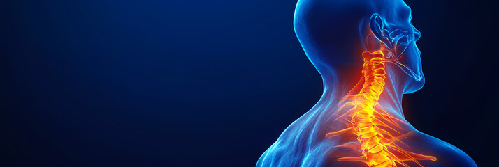 Obraz premium 3D render of a human back with a glowing spine, an X-ray body, and a neck pain concept on a dark blue background