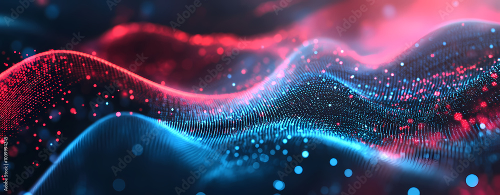 Poster abstract digital background with glowing blue and red dots waving, a technology concept representing