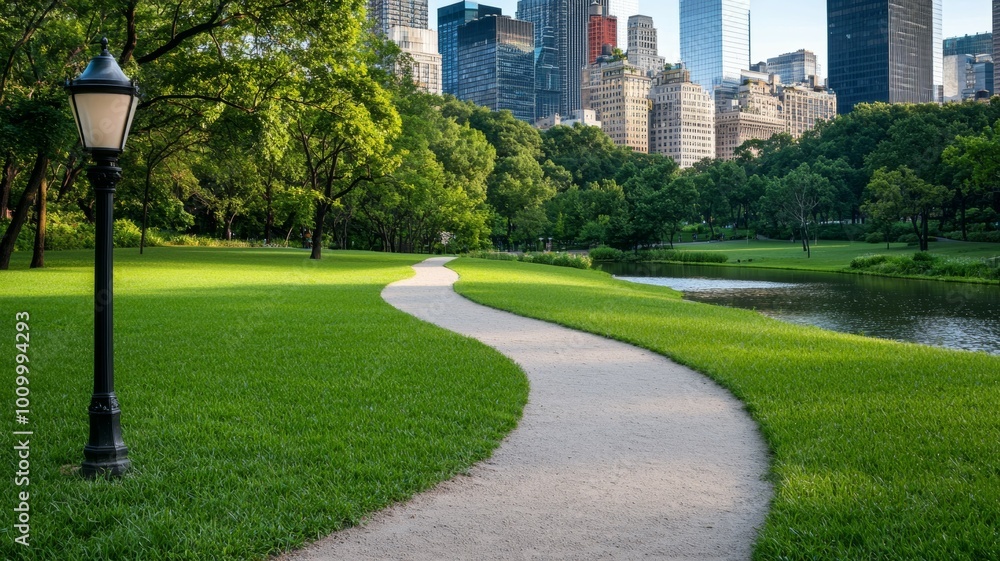 Poster a park with a path and a lamp post