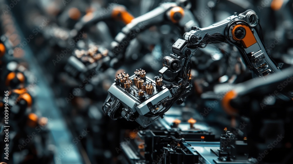 Aufkleber in a high-tech factory, robotic arms meticulously paint various products, showcasing precision and e
