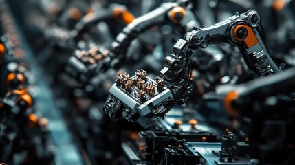 Fototapeta premium In a high-tech factory, robotic arms meticulously paint various products, showcasing precision and efficiency on an automated assembly line