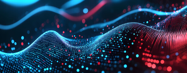 Abstract digital background with glowing blue and red dots waving, a technology concept representing big data