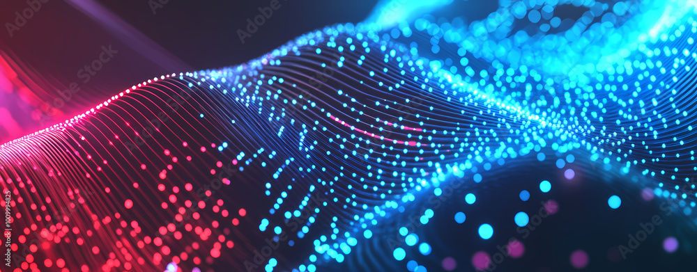 Poster abstract digital background with glowing blue and red dots waving, a technology concept representing