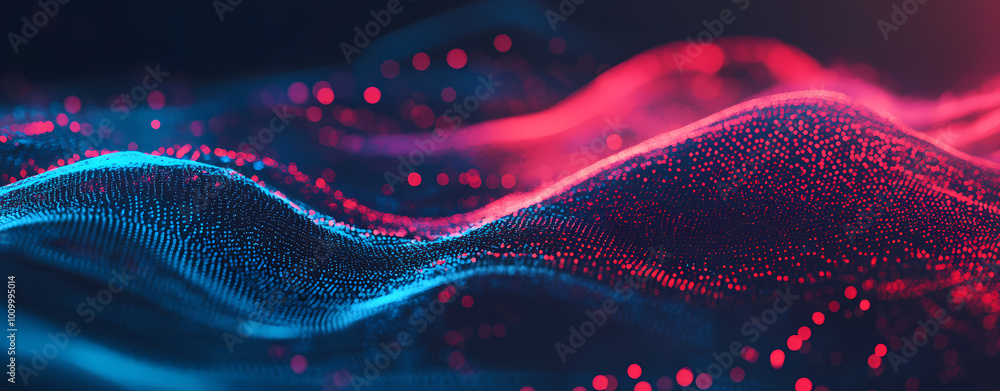 Poster abstract digital background with glowing blue and red dots waving, a technology concept representing
