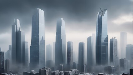 Obraz premium illustration digital artwork depicting a futuristic modern cityscape under a moody, overcast sky with tall buildings and skyscrapers in a dark foggy theme 