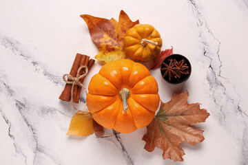 Fresh pumpkins with star anise, cinnamon and autumn leaves on white background