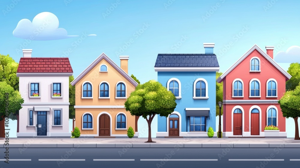 Poster a row of houses with a tree in the middle