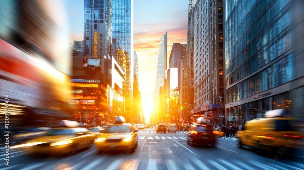 Canvas Prints A busy city street with a yellow taxi cab in the foreground