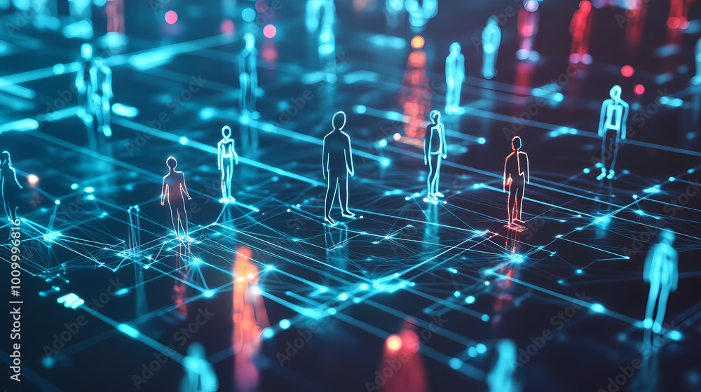 Poster a network with interconnected lines and people standing on them