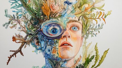 Surreal Watercolor Portrait with Botanical Elements