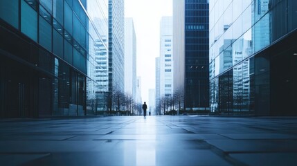 Fototapeta premium A Single Figure Walking Through a Modern Cityscape