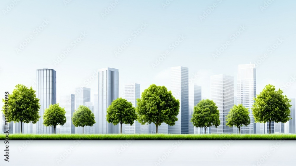 Poster a cityscape with a green line of trees in the foreground and a white background