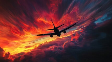 A dramatic view of an airplane in mid-flight, framed against a brilliant sunset, with vibrant colors filling the sky and casting a glow on the aircraft.