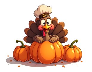 Quirky Cartoon Turkey Peeking from Pumpkins with Chef Hat for Thanksgiving Crafts