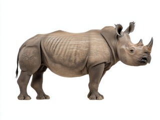Fototapeta premium solitary black rhino stands proudly, its muscular frame highlighted against a stark white background, showcasing its impressive horn and resilient spirit.