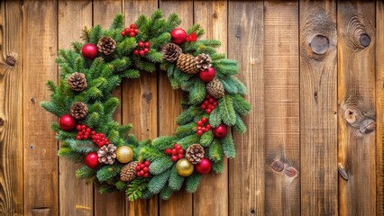 A festive Christmas wreath hanging on a wooden door, festive, holiday, decoration, pine, red berries, ornaments, holly