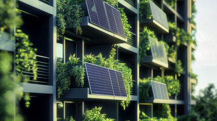 closeup of a facade of a futuristic eco high-rise with greenery and solar panels at the balconies