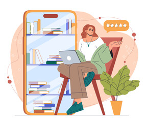 Woman with Ebooks. Young girl near huge smartphone with bookshelves. Digital bookstore with electronic books. Encyclopedia and dictionary. Love for reading and literature. Flat vector illustration