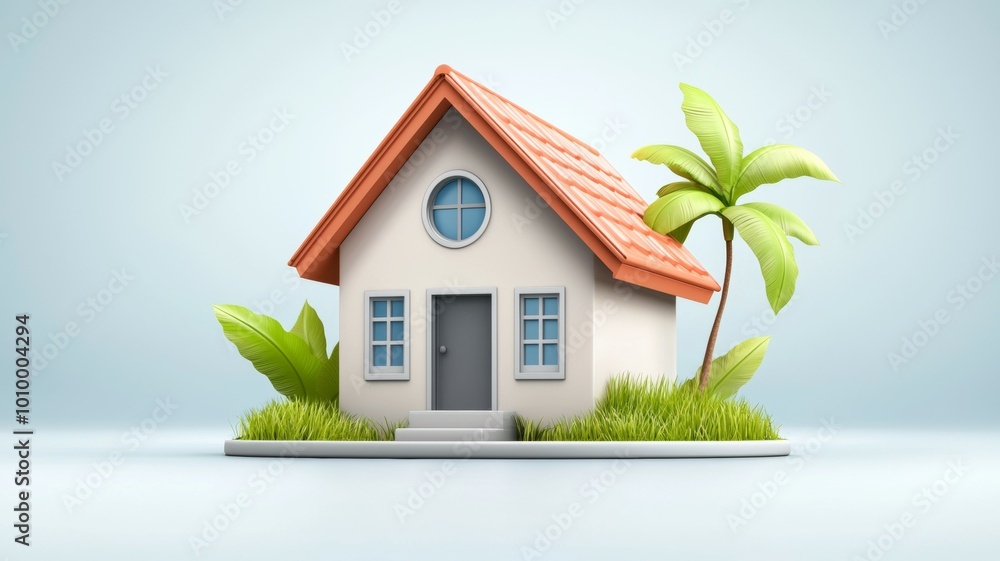 Poster A house with a palm tree in front of it