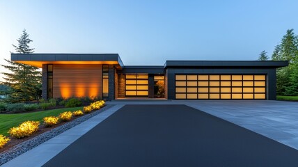 Fototapeta premium A large house with a black garage door and a driveway