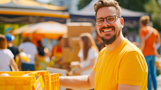 Cheerful volunteer sorting donations at outdoor community event in bright sunshine