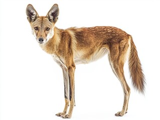 Fototapeta premium dingo stands poised with its head turned, highlighting its sleek frame and keen expression against a stark white background. Its alert posture reflects the wild spirit within.