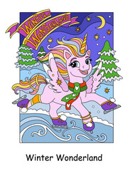 Christmas cute dreaming skating unicorn vector illustration