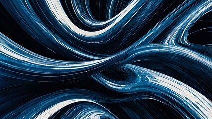 Abstract fractal digital design of blue waves and curves with a smooth motion textured background on a solid black wall