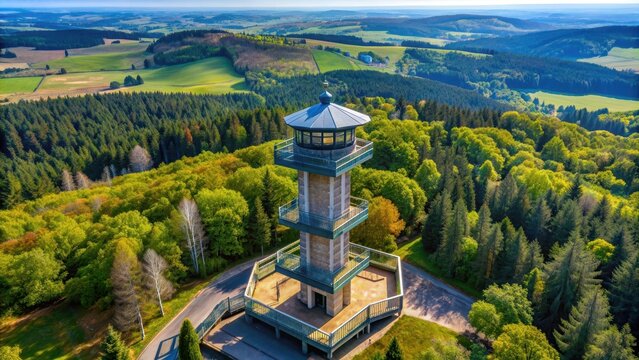 Aerial view of Hamelika observation tower near Marianske Lazne in Czech Republic