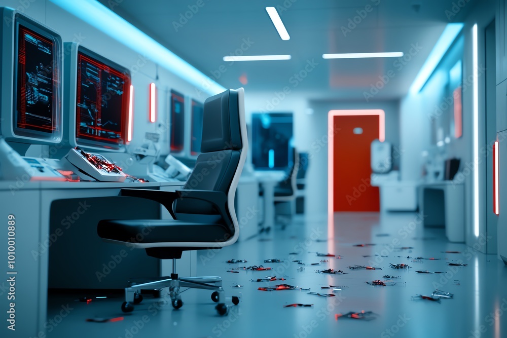 Poster 3d-rendered futuristic lab filled with broken machines, symbolizing the technological failures of ye