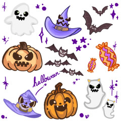 Adorable Halloween Cartoon Illustration – Featuring Bats, Ghosts, Pumpkins, and Witch Hat for Halloween Designs, Banners, Invitations, Posters, and Social Media Graphics – Fun and Cute Halloween Art