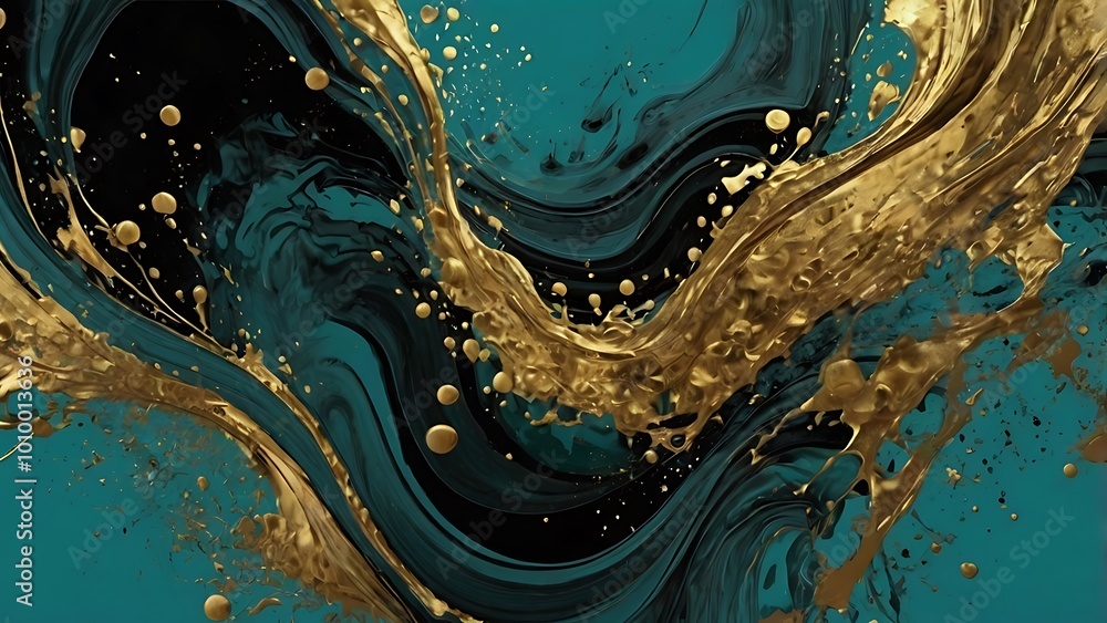 Poster abstract digital artwork featuring a dynamic composition with a flowing, ribbon like gold element th