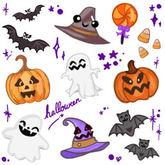 Adorable Halloween Cartoon Illustration – Featuring Bats, Ghosts, Pumpkins, and Witch Hat for Halloween Designs, Banners, Invitations, Posters, and Social Media Graphics – Fun and Cute Halloween Art